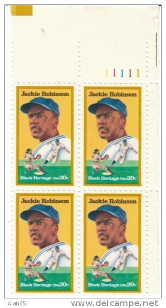 #2016, Jackie Robinson Black Baseball Player, Black Heritage Series 1982 20-cent Plate Block Of 4 Stamps - Numéros De Planches