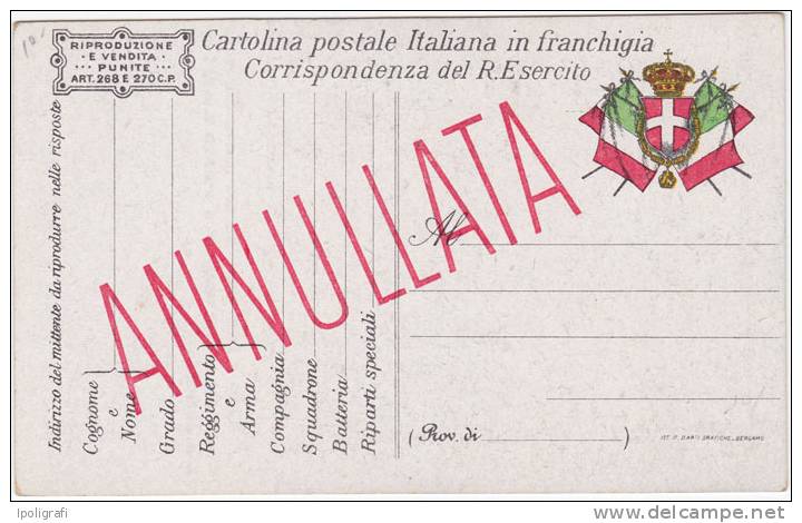 Italia - 1917 - Cartolina Postale In Franchigia Serie Combattenti - Prestito Nazionale, Alpino, Soprastampa "Annullata" - Franchise