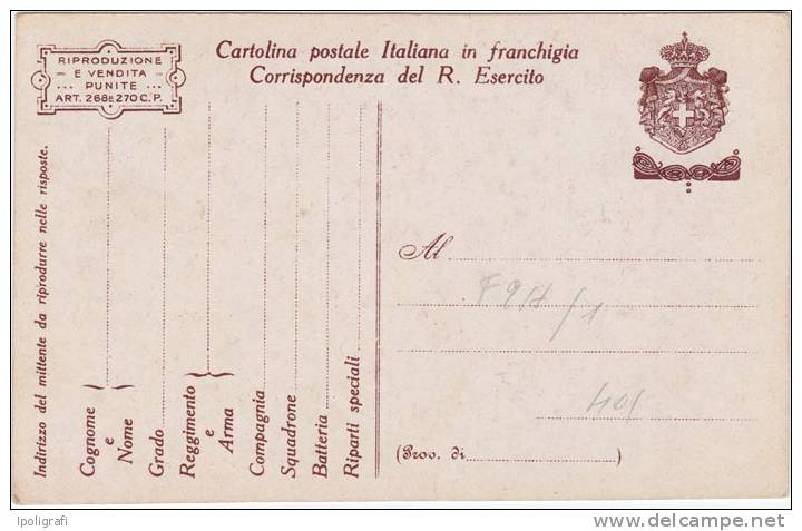Italia - 1917 - Cartolina Postale In Franchigia, Propaganda, Dis. Di G. Mazzoni - Franchise