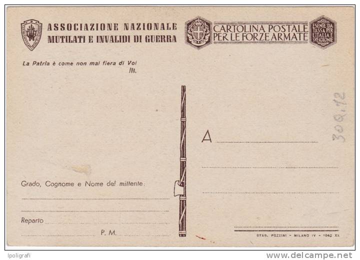 Italia - 1942 - Cartolina Postale In Franchigia, Ass. Nazionale Mutilati E Invalidi, Vignetta Di Santagata "Lettere..." - Franchise