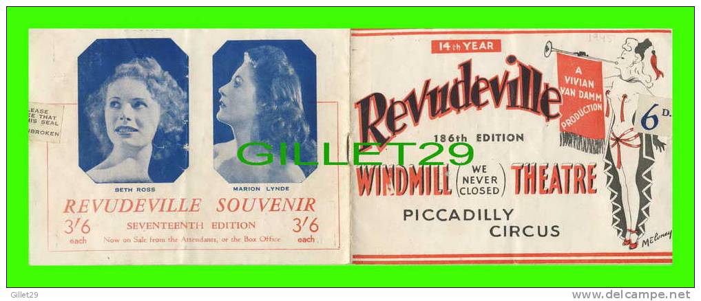 PROGRAM - WINDMILL THEATRE, PICCADILLY CIRCUS - REVUEDEVILLE 186th EDITION IN 1945 - 7 PAGES - - Programas