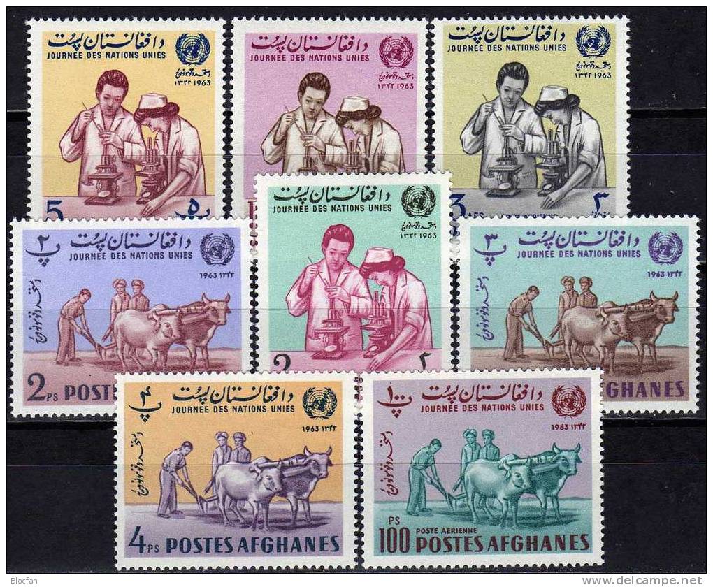 Tag Der UNO 1963 Afghanistan 870/7 ** 6€ Bauer Mit Pflug Arzt Am Mikroskop Emblem Bloc UNO Set From Afghanes - Afghanistan