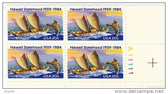 #2080, Hawaii Statehood 25th Anniversary, 20-cent 1984 Plate Block Of 4 Stamps - Plate Blocks & Sheetlets