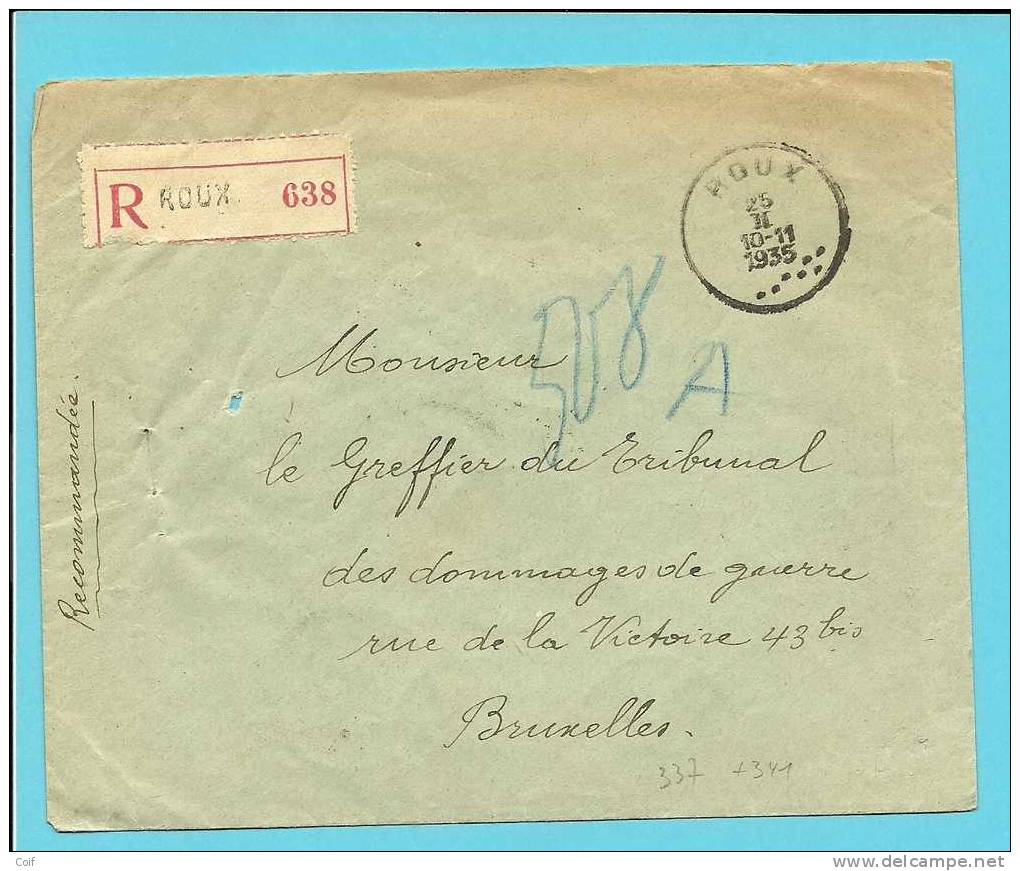337+341 Op Brief Aangetekend Met Stempel ROUX - 1932 Cérès Et Mercure