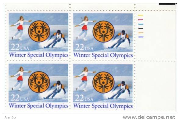 #2142 Winter Special Olympics, 1985 Plate Block Of 4 22-cent Stamps, Skiing Skating - Plattennummern