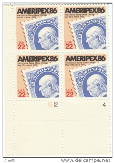 #2145 Ameripex '85, 1985 Plate Block Of 4 22-cent Stamps, Stamp Collecting - Plattennummern