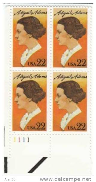#2146 ABigail Adams, 1985 Plate Block Of 4 22-cent Stamps, Famous Woman, First Lady - Numéros De Planches