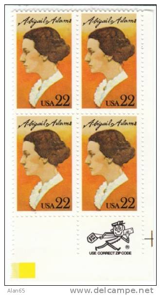 #2146 Abigail Adams, 1985 Block Of 4 22-cent Stamps, Famous Woman, First Lady - Unused Stamps