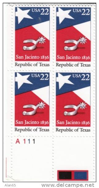 #2204 Republic Of Texas 150th Anniversary Issue, Battle Of San Jacinto, 1986 Plate Block Of 4 22-cent Stamps - Plate Blocks & Sheetlets