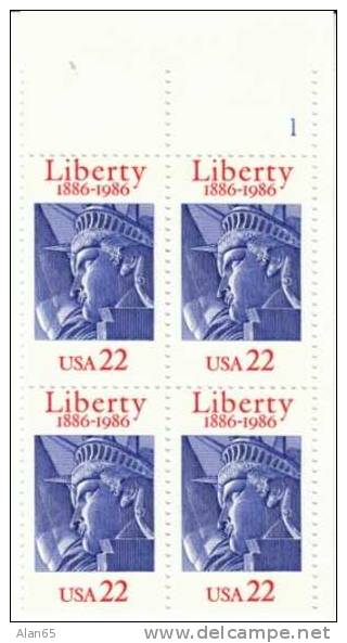 #2224 Statue Of Liberty 100th Anniversary Centennial, 1986 Plate Block Of 4 22-cent Stamps - Plate Blocks & Sheetlets