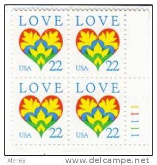 #2248, Love Issue, 1987 Plate Block Of 4 22-cent Stamps - Numéros De Planches