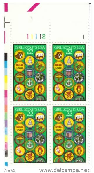 #2251, Girl Scouts 75th Anniversary, Scouting, 1987 Plate Block Of 4 22-cent Stamps - Numéros De Planches