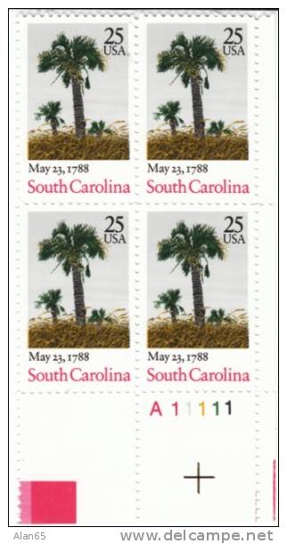 #2343, South Carolina Ratification Of US Constitution Bicentennial, 1988 Plate Block Of 4 25-cent Stamps - Plate Blocks & Sheetlets