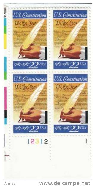 #2360, Signing Of US Constitution Bicentennial, 1987 Plate Block Of 4 22-cent Stamps - Plate Blocks & Sheetlets