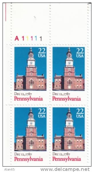 #2337, Pennsylvania Ratification Of US Constitution Bicentennial, 1987 Block Of 4 22-cent Stamps - Plate Blocks & Sheetlets