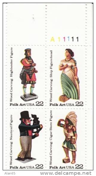 #2240-2243, American Folk Art Series, Woodcarved Figurines,  1986 Plate Block Of 4 22-cent Stamps - Plate Blocks & Sheetlets