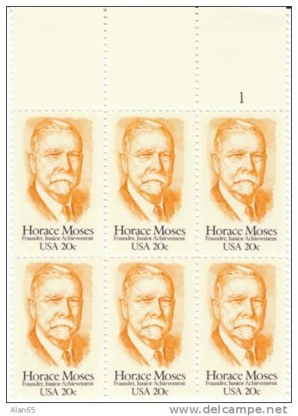 #2095, Horace Moses, Junior Achievement Founder, 20-cent 1984 Plate Block Of 6 Stamps - Numéros De Planches