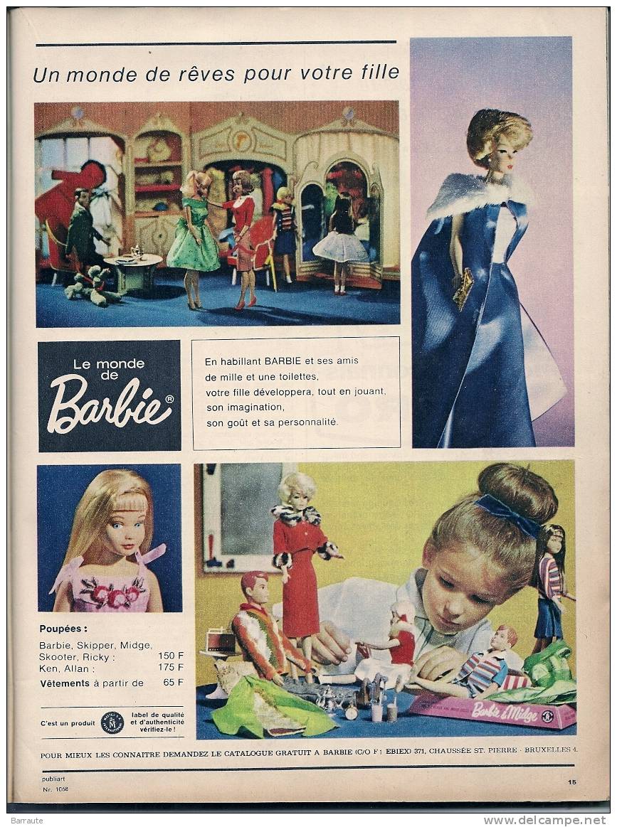 Femmes D´aujourd´hui N° 1068 Du 21/10/ 1965  Belle PUB Poupée BARBIE. Plan D´un Jouet Manége En Bois. - Fashion