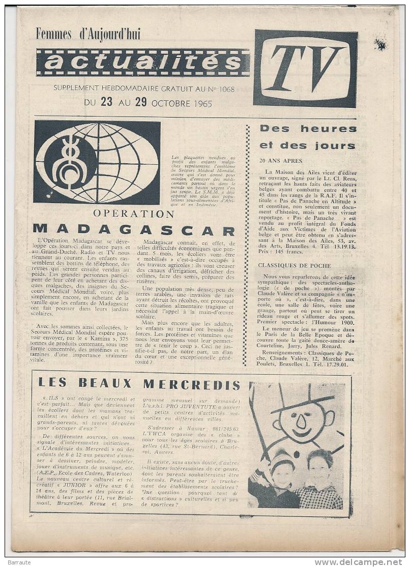 Femmes D´aujourd´hui N° 1068 Du 21/10/ 1965  Belle PUB Poupée BARBIE. Plan D´un Jouet Manége En Bois. - Lifestyle & Mode