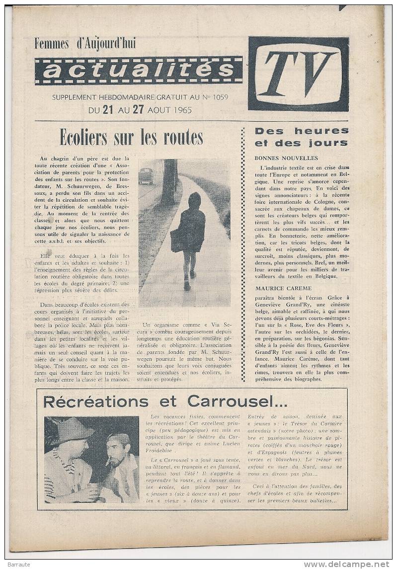 Femmes D´aujourd´hui N° 1059 Du 19/08/ 1965  Spécial TRICOTS De RENTREE. - Lifestyle & Mode