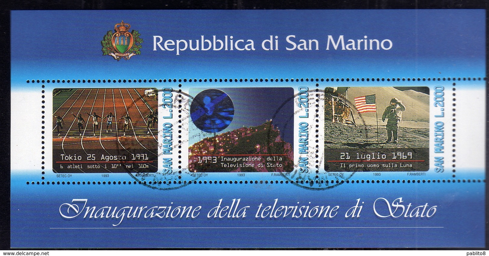 REPUBBLICA DI SAN MARINO 1993 TELEVISIONE DI STATO TELEVISION TV SERIE COMPLETA BLOCCO FOGLIETTO BLOCK SHEET USATA - Used Stamps