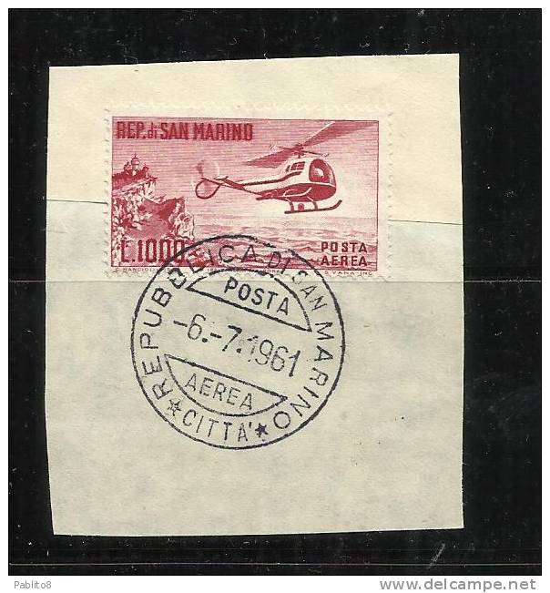 SAN MARINO 1961 POSTA AEREA AIR MAIL ELICOTTERO HELICOPTER HÉLICOPTÈRE TIMBRATO SU FRAMMENTO USED ON PAPER - Luftpost