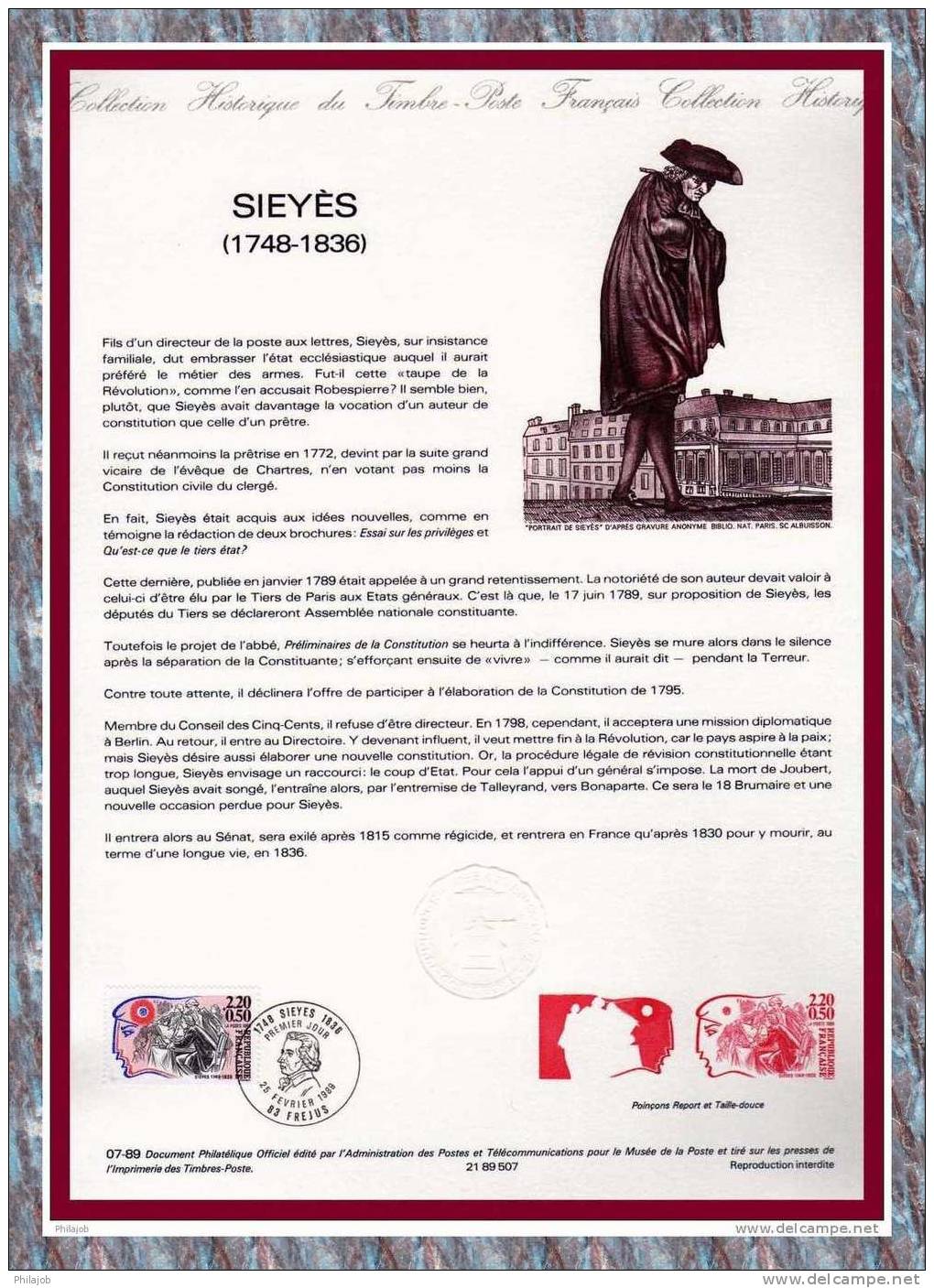 DPO 1989 Document Officiel 07-89 SIEYES " N° YT 2564 + Prix Dégressif. - Franz. Revolution