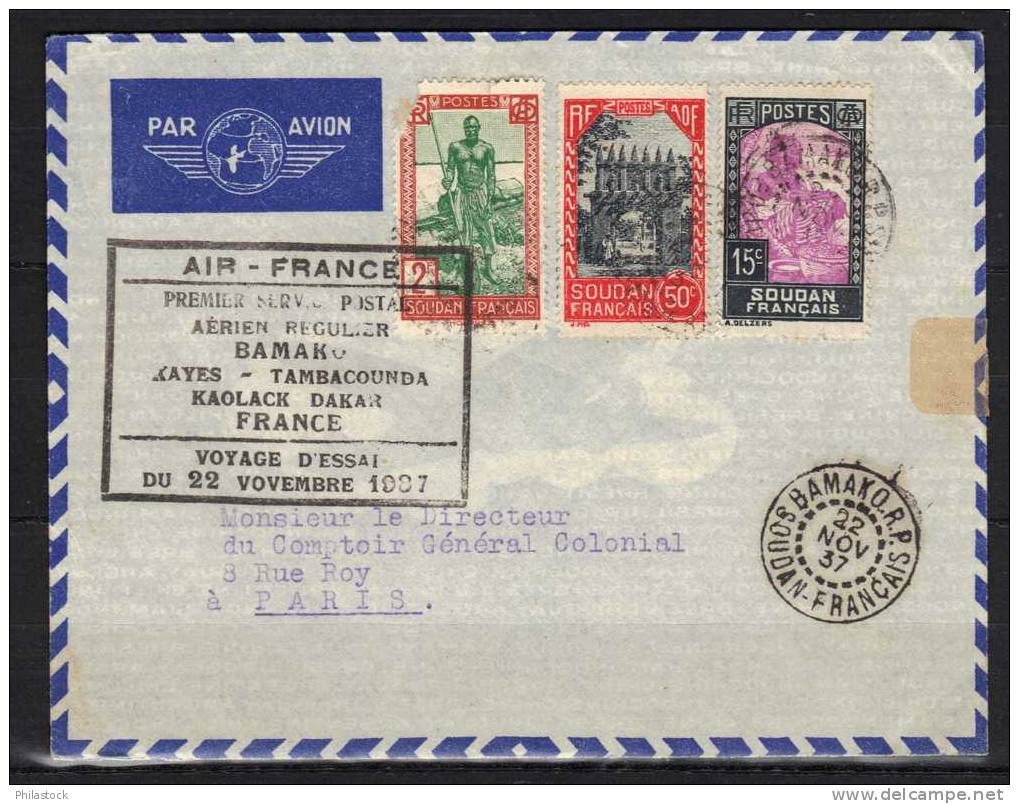 SOUDAN 1937 Usages Courants Obl. S/Lettre Entiére Voyage D'essai Air France Bamako/Paris - Altri & Non Classificati