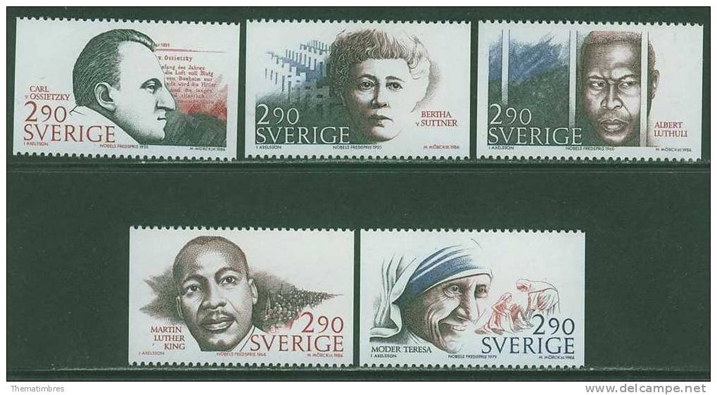 3S0469 Nobel Paix Suttnaer Ossietzky Luthuli Luther King Mere Theresa 1395 à 1399 Suede 1986 Neuf ** - Neufs