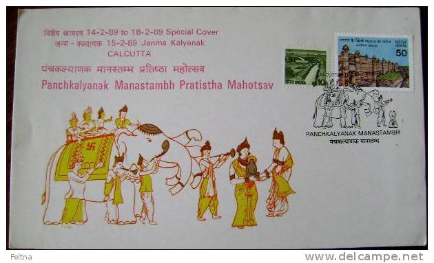 1989 INDIA COVER ELEPHANT ELEPHANTS PANCHKALYANAK MANASTAMBH - Elefanten