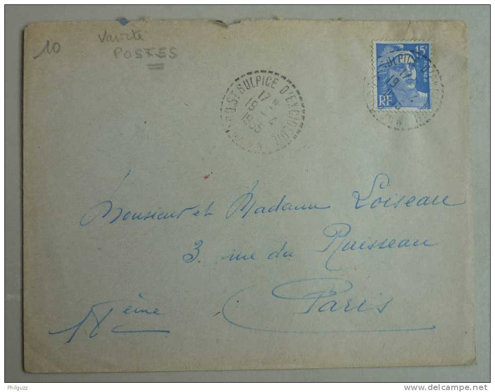 15 F Outremer Marianne De Gandon Sur Lettre Cachet Manuel St Sulpice D´excideuil. Variété Une Barre Sur Le T De Poste - Cachets Manuels