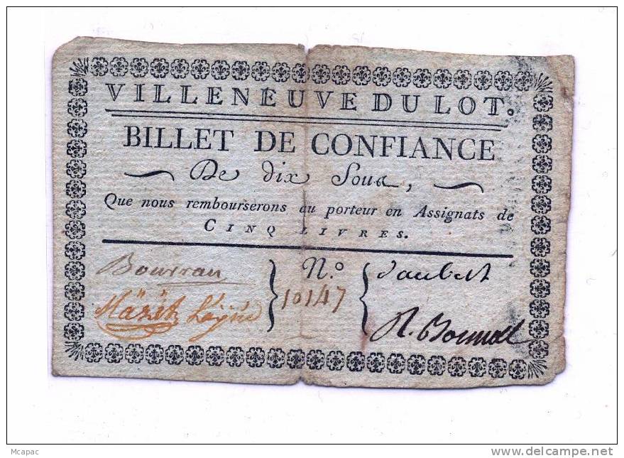 FRANCE Billet De Confiance VILLENEUVE Du LOT Cinq Livres - Bons & Nécessité