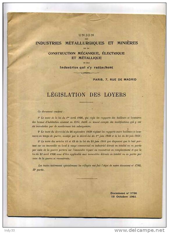 - LEGISLATION DES LOYERS 1941 . INDUSTRIES METALLURGIQUES ET MINIERES ... - Management