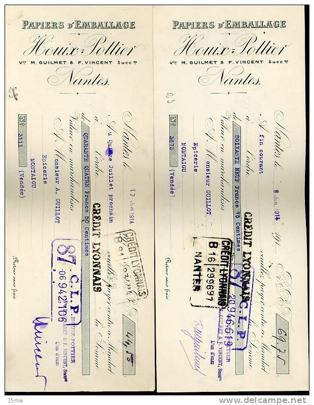 Nantes Houix Pottier Papiers D'emballage Quai Ile Gloriette Rue Bias Lot 6 Documents 1914 1927 - Printing & Stationeries