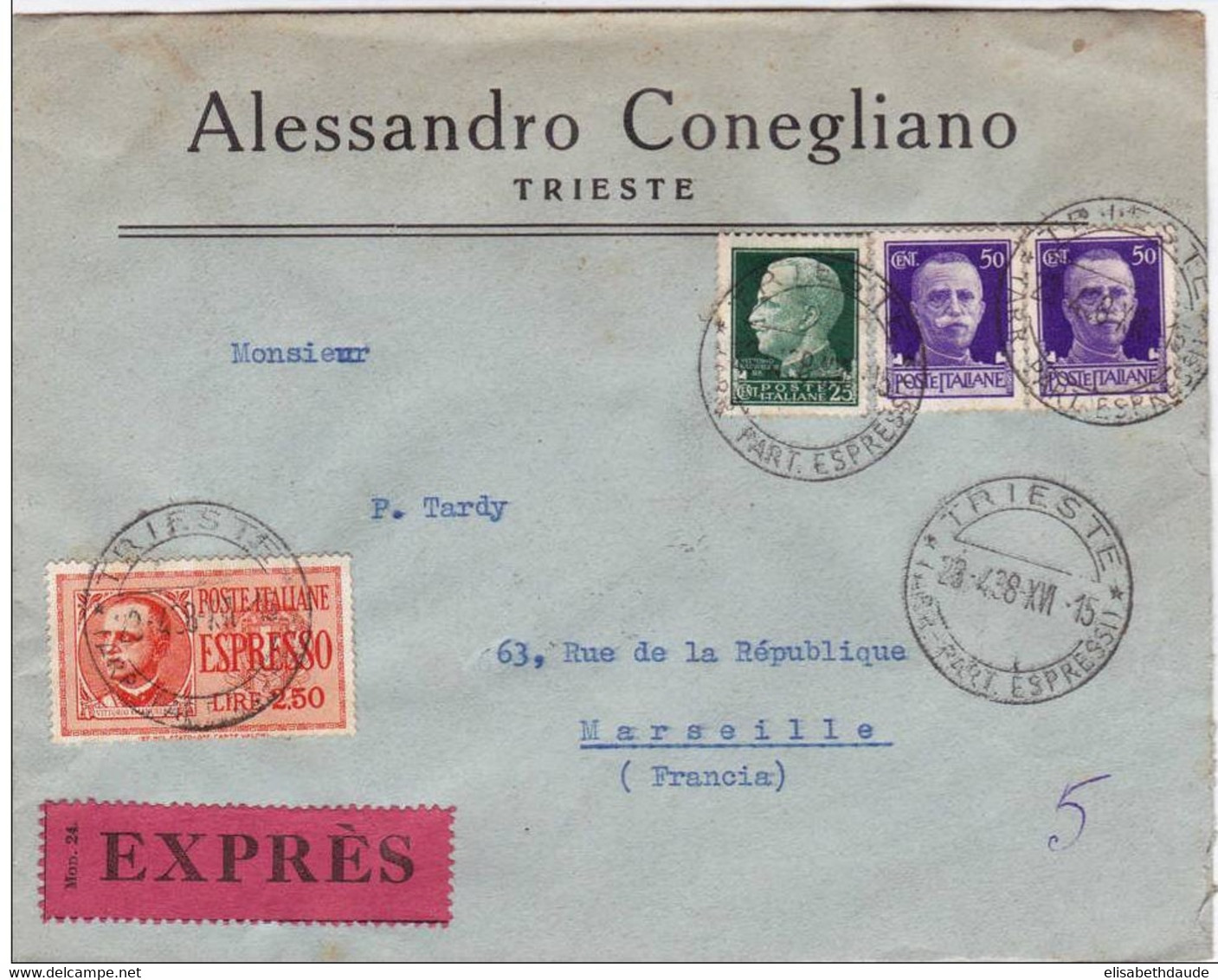 ITALIE - 1938 - LETTRE COMMERCIALE Par EXPRES De TRIESTE  Pour MARSEILLE - Express Mail