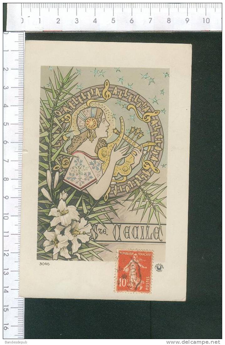 Art Nouveau Jolie Carte Très Finement Dorée Femme Dessin Style Mucha Sainte Cécile Lyre - Prénoms