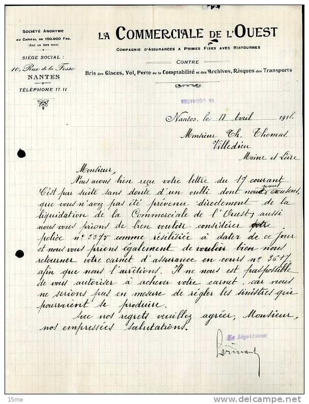 Nantes La Commerciale De L'Ouest Compagnie D'Assurances Rue De La Fosse 1918 - Banca & Assicurazione