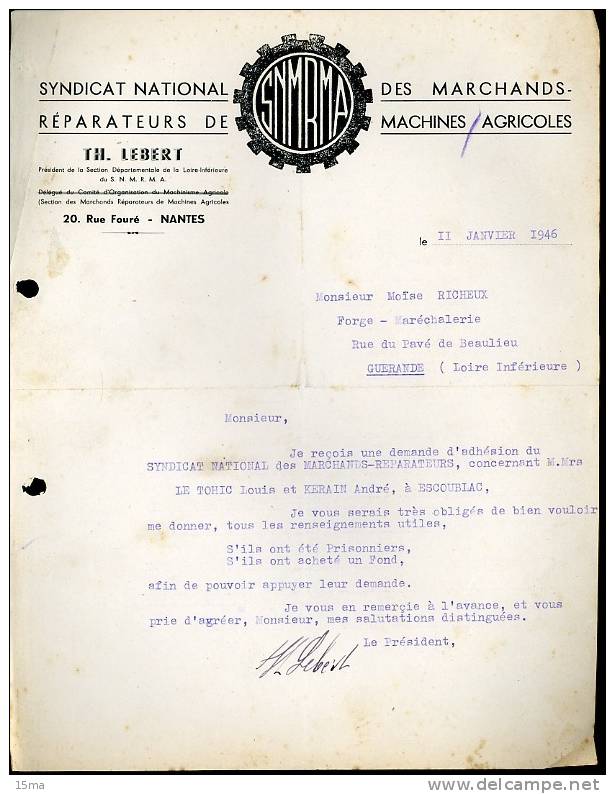 Nantes Syndicat National Des Marchands Réparateur De Machines Agricoles Rue Fouré Lebert 1946 - Agriculture