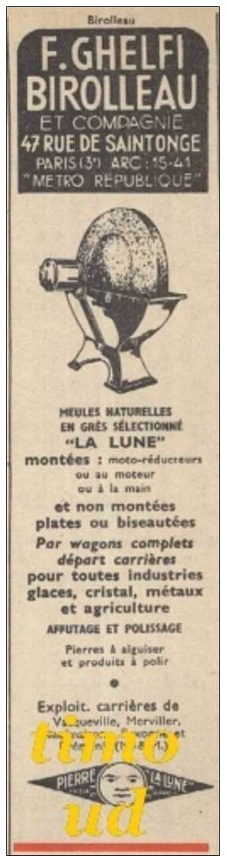 DOCUMENT / F. GHELFI BIROLLEAU ET Cie / MEULES EN GRES LA LUNE / CARRIERES : VACQUEVILLE MERVILLER PEXONNE ../  PUB 1968 - Non Classés