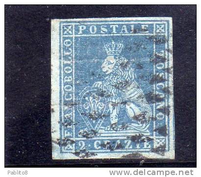 ANTICHI STATI: 1851 - 1852 TOSCANA 2 CRAZIE AZZURRO VIVO SU AZZURRO ANNULLATO USED OBLITERE' - Toscane