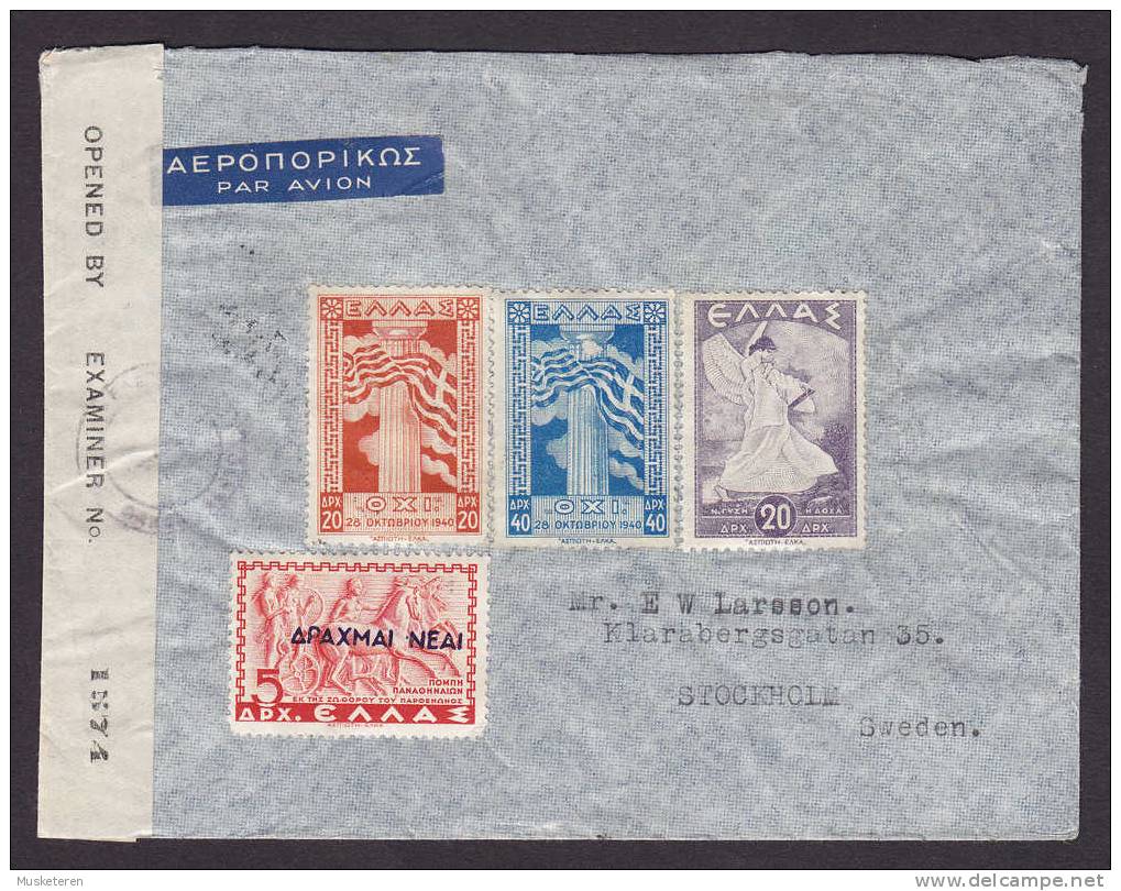 Greece Airmail Par Avion Label 1945 ATHENS Cover To STOCKHOLM Sweden British Censor Opened By Examiner 1574 Label - Cartas & Documentos