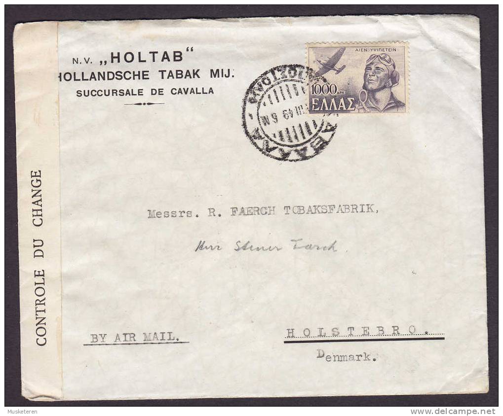 Greece Airmail Par Avion HOLTAB Hollandsche TABAK Mij 1949 Cover To HOLSTEBRO Denmark CONTROL DU CHANGE Label - Lettres & Documents