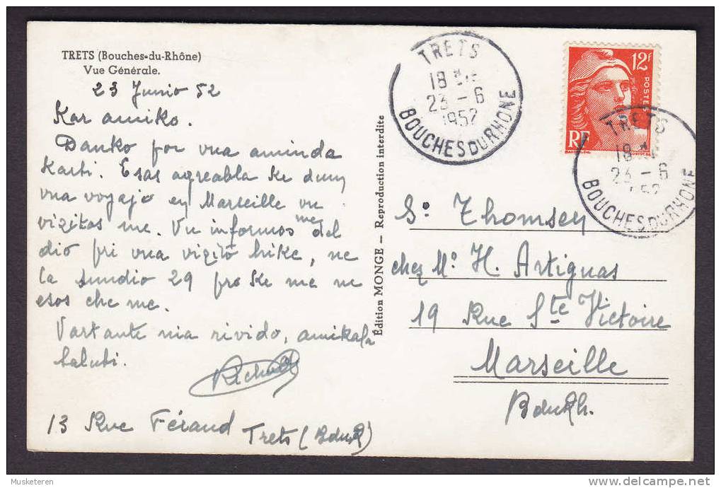 France Bouches-du-Rhone Deluxe TRETS 1952 Sent To MARSEILLE Written In Esperanto Echt Veritable Real Photo - Trets