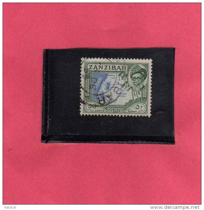 ZANZIBAR 1957 SULTAN SEYYID KHALIFA BEN HAURUB WITH MAP SULTANO CARTINA GEOGRAFICA CENT. 50c USATO USED OBLITERE' - Zanzibar (...-1963)