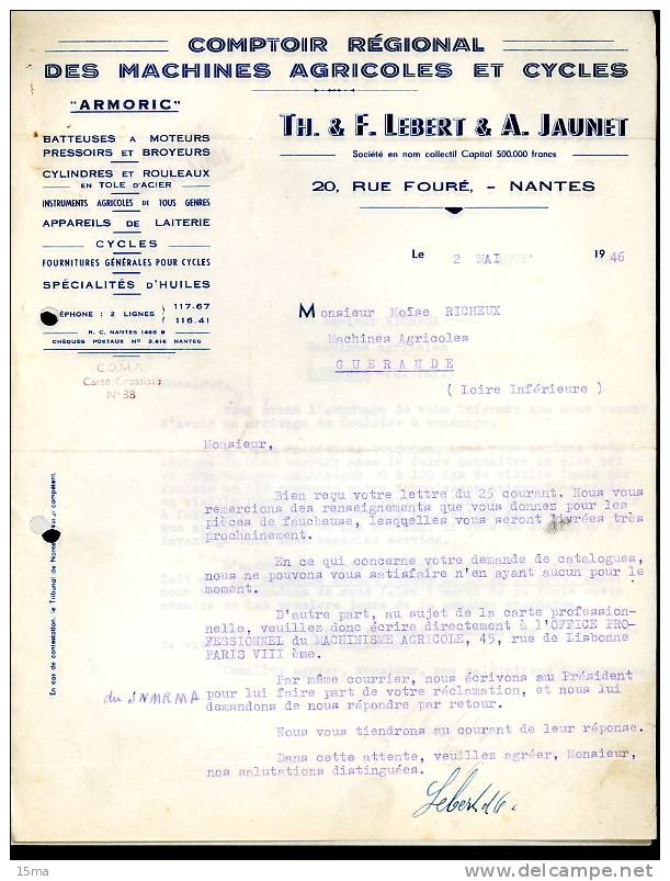 Nantes Lebert  Jaunet Armoric  Rue Fouré Machines Agricoles Cycles 37 Documents 1946 - Agricoltura