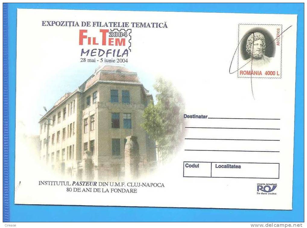 Institut Pasteur Cluj Napoca, Asclepios La Mythologie ROMANIA  Postal Stationery Cover 2004 - Louis Pasteur