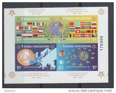 2006 RRR EUROPA CEPT 50-ANNIVERSARIO BLOK DOUBLE Numbering BOSNIA ERZEGOVINA SARAJEVO IMPERFORATE LUX MINT RRR - 2006