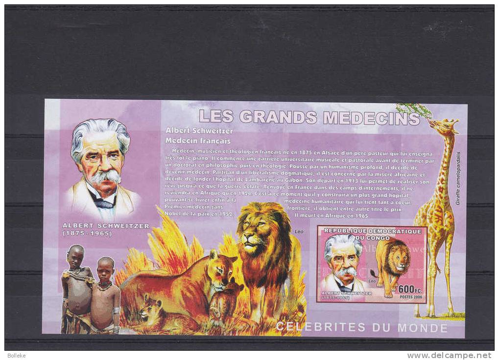 Célébrités - Albert Schweitzer - Lions - Giraffes - Médecine - République Du Congo - Bloc NON  Dentelé ** De 2006 - MNH - Albert Schweitzer