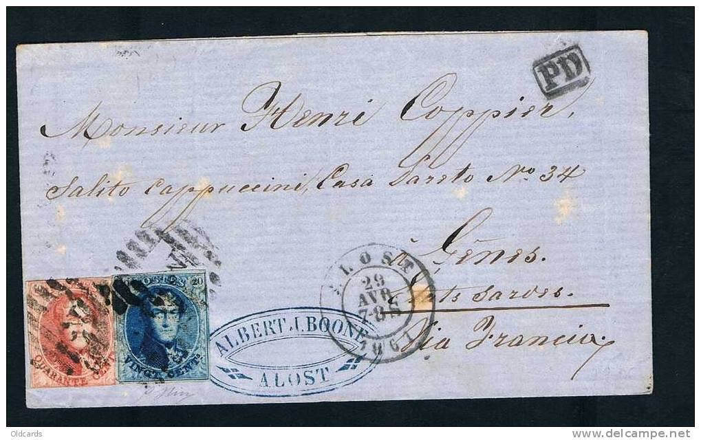 Belgique 1861 Lettre Affr. N°11A Margé + 12A P8b2 ALOST Pour Etats Sardes. - 1858-1862 Medaillen (9/12)