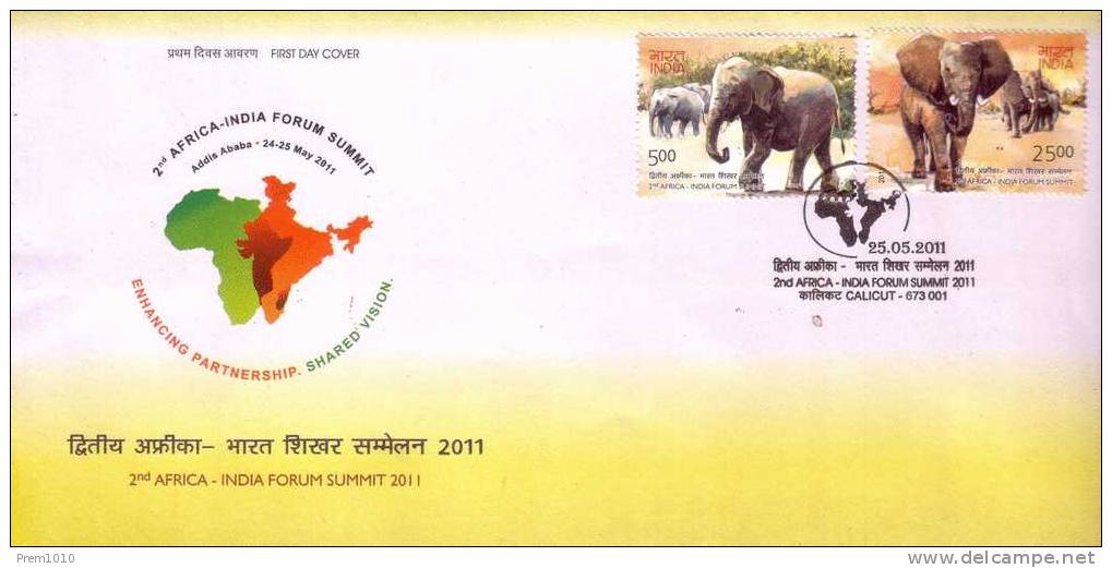 India 2011- Africa-India Summit- African Elephant & Indian Elephant- FDC - Elefanten